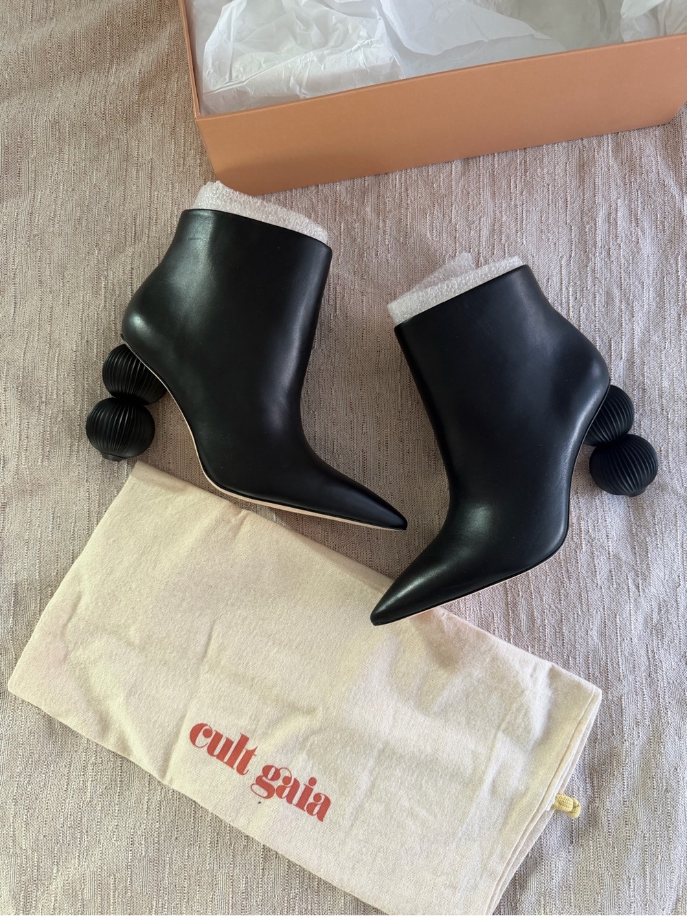cult gaia Black Leather Ankle Booties with Sculptural Ball Heels